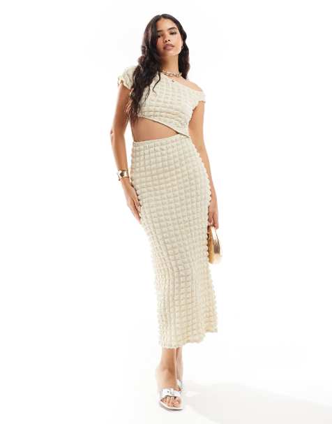ASOS DESIGN textured asymmetric cutout midi dress in cream - view 1