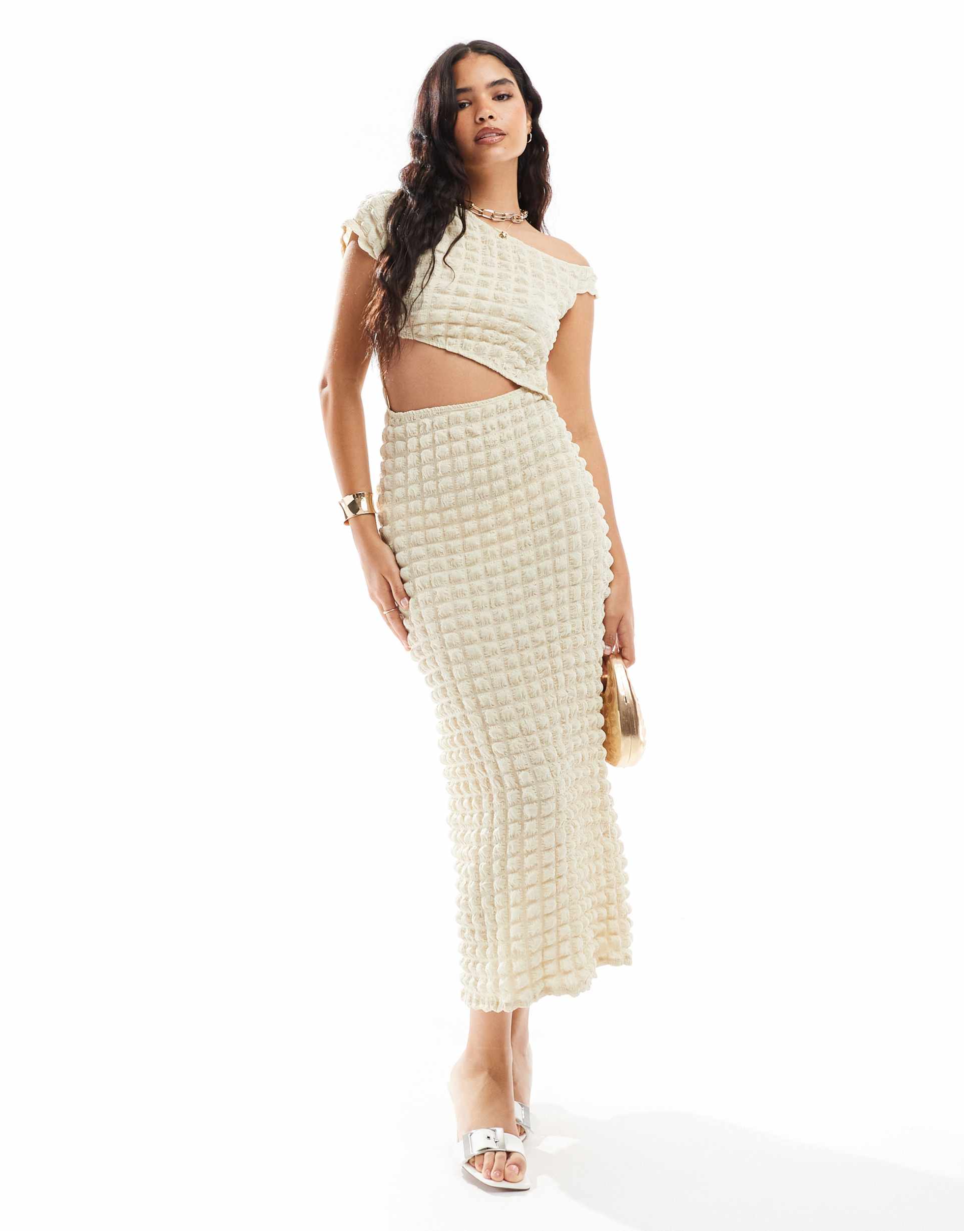 asos design textured asymmetric cutout midi dress in cream