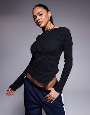 ASOS DESIGN textured asymmetric hem top with ruching detail in black