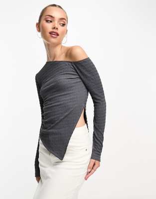 ASOS DESIGN textured asymmetric long sleeve top in charcoal-Black