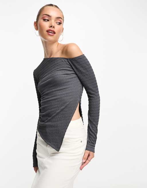 ASOS DESIGN textured asymmetric long sleeve top in charcoal