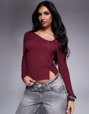 Asos Design Textured Asymmetric Neck Button Up Long Sleeve Top In Burgundy In Red