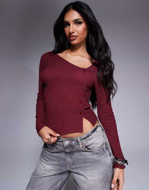 ASOS DESIGN textured asymmetric neck button up long sleeve top in burgundy - view 1