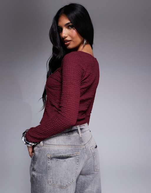 ASOS DESIGN textured asymmetric neck button up long sleeve top in burgundy, 3 of 4