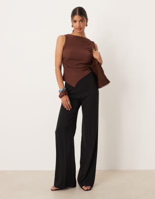 Asos Design Textured Asymmetric Ruched Waist Top In Brown