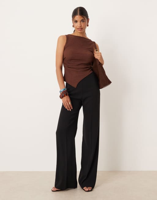 ASOS DESIGN textured asymmetric ruched waist top in chocolate, 2 of 4