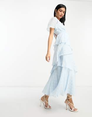 Asos Design Textured Asymmetric Ruffle Midi Dress With Tie Back Neck In Pale Blue