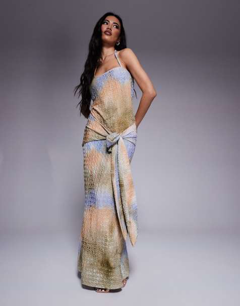 ASOS DESIGN textured asymmetric scoop halter midi dress with sash detail in green ombre print - view 1