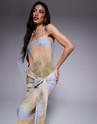 Asos Design Textured Asymmetric Scoop Halter Midi Dress With Sash Detail In Multi