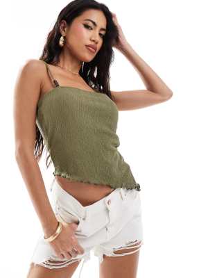 ASOS DESIGN textured asymmetric top with bead detail in khaki-Green