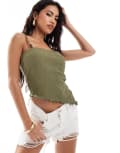 [ASOS DESIGN] ASOS DESIGN textured asymmetric top with bead detail in khaki-Green L Khaki
