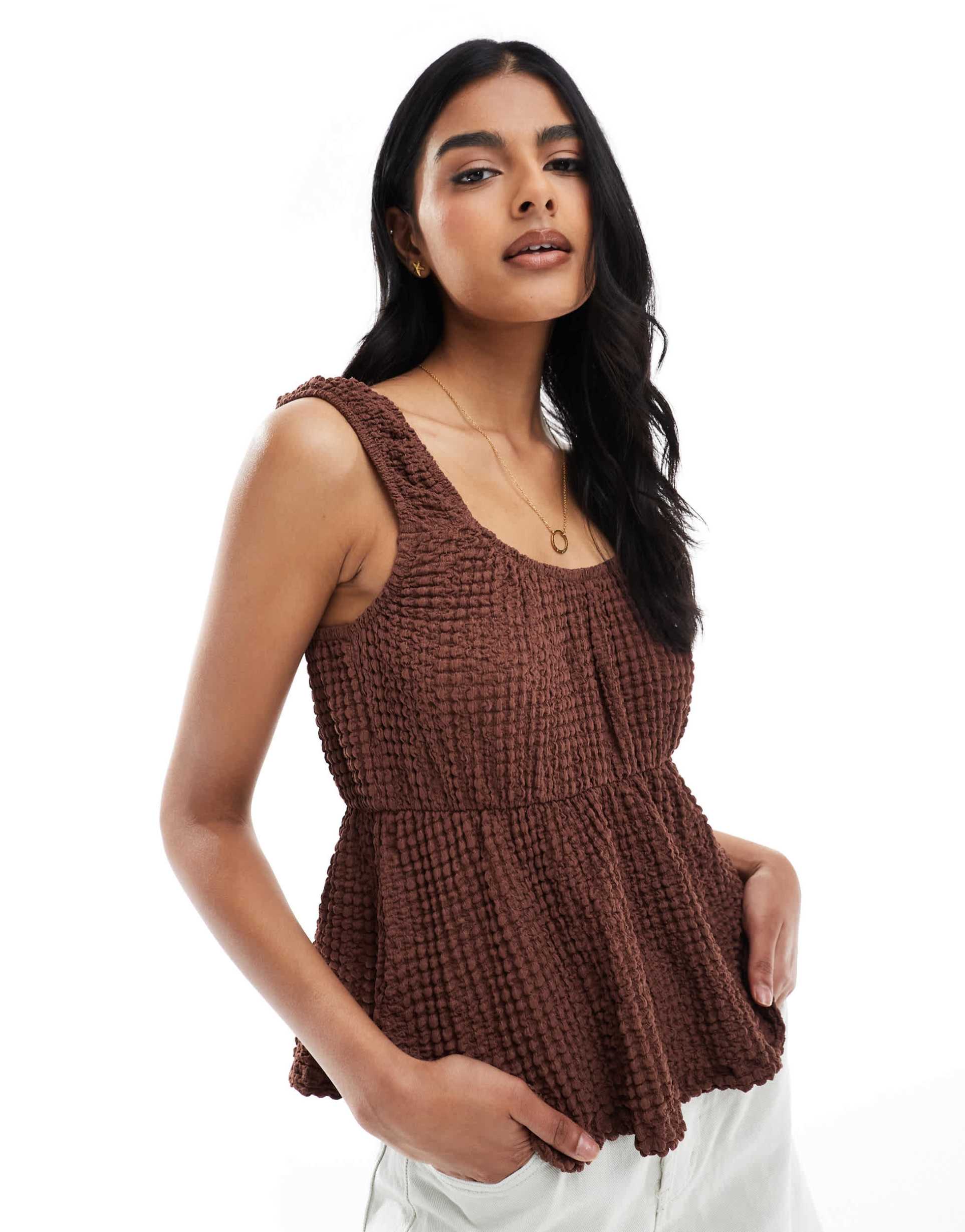 asos design textured babydoll top in brown