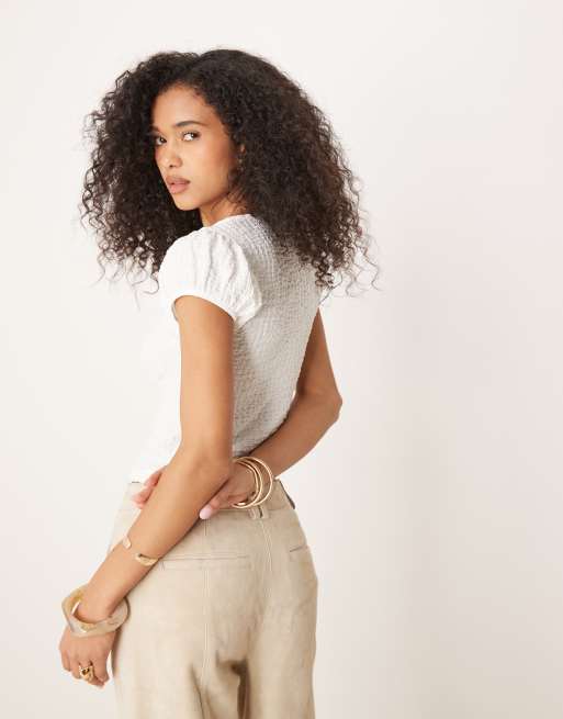 ASOS DESIGN textured babydoll with tie front detail in white, 3 of 4