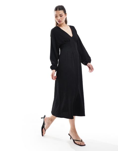 ASOS DESIGN textured balloon sleeve midi dress in black - view 1