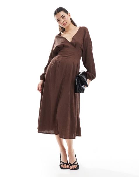 ASOS DESIGN textured balloon sleeve midi dress in chocolate - view 1