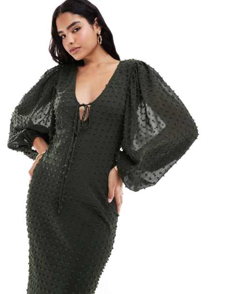 ASOS DESIGN textured balloon sleeve midi dress in dark green - view 1