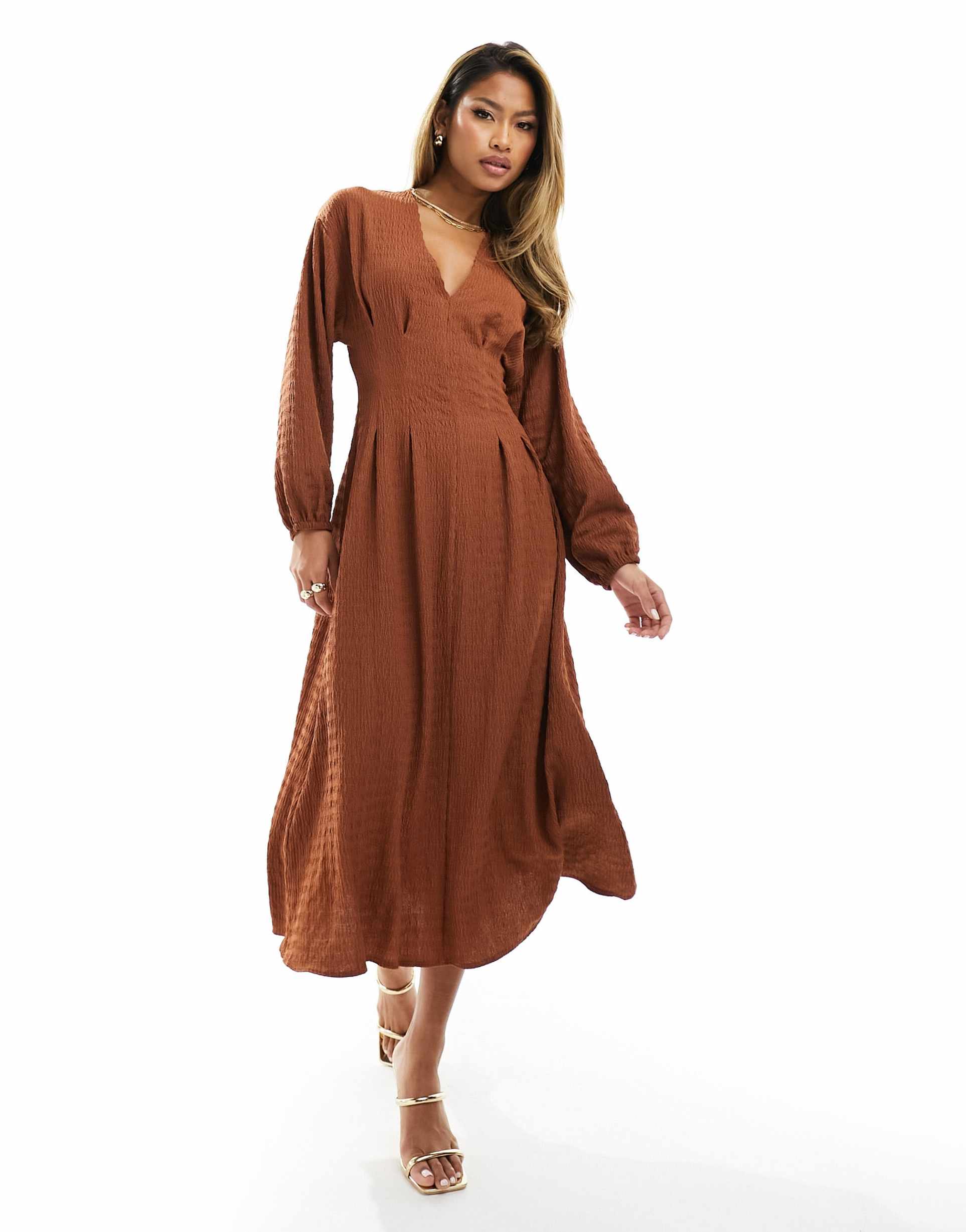 asos design textured balloon sleeve midi dress in rust