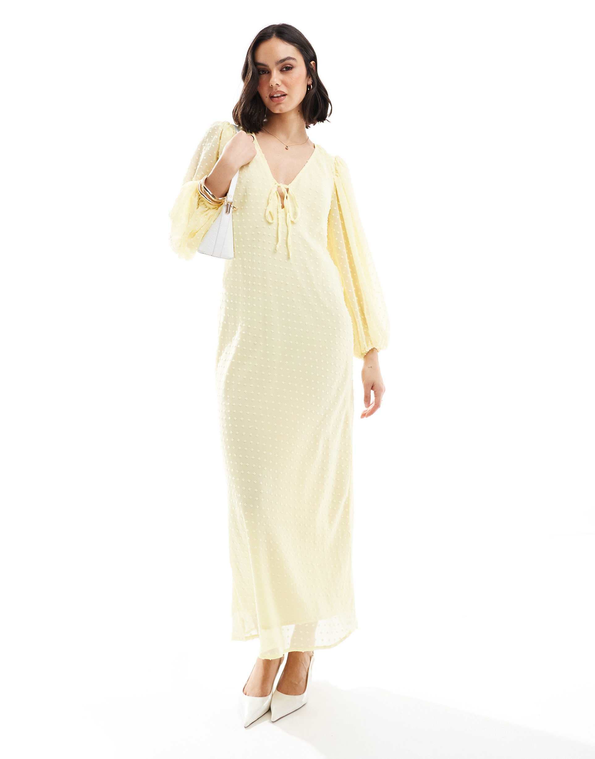 asos design textured balloon sleeve midi dress in yellow