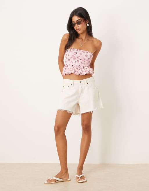 ASOS DESIGN textured bandeau crop top with bubble hem in pink delicate floral print, 2 of 4