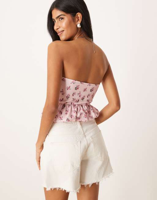 ASOS DESIGN textured bandeau crop top with bubble hem in pink delicate floral print, 4 of 4
