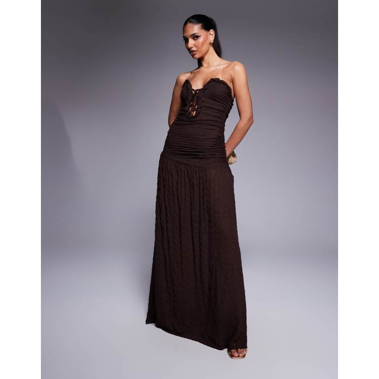 ASOS DESIGN textured bandeau maxi dress with curved trim and lace up detail  in chocolate | ASOS