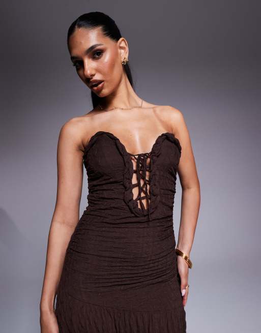 ASOS DESIGN textured bandeau maxi dress with curved trim and lace up detail in chocolate