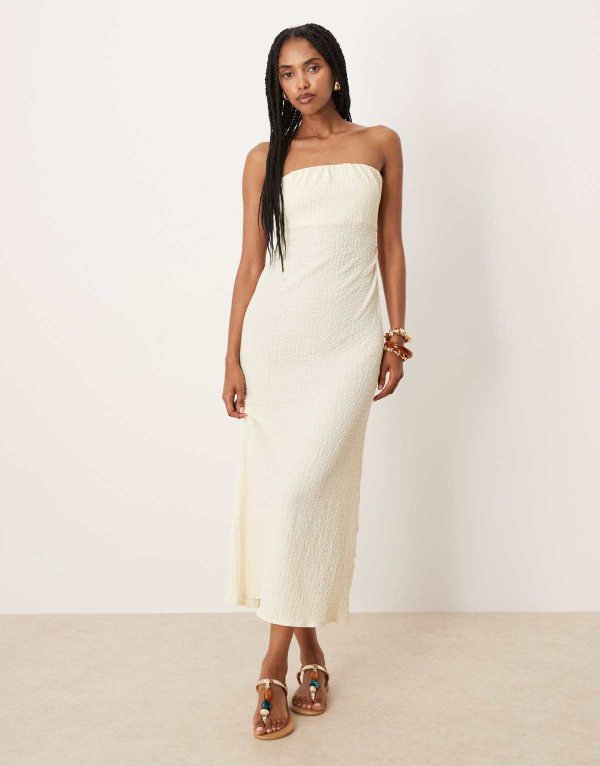 ASOS DESIGN textured bandeau tie back midi dress in buttermilk
