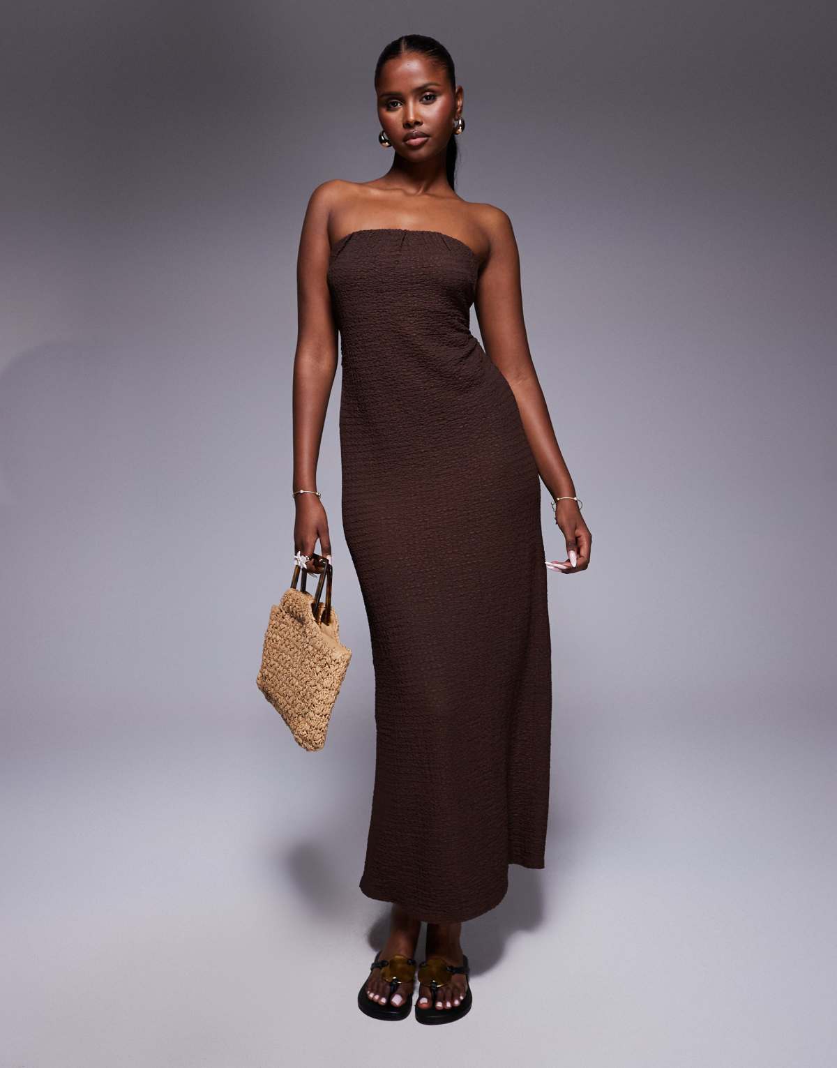 ASOS DESIGN textured bandeau tie back midi dress in chocolate