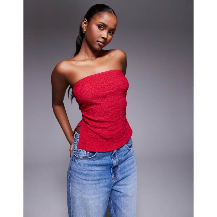 ASOS DESIGN textured bandeau top with split sides in cherry