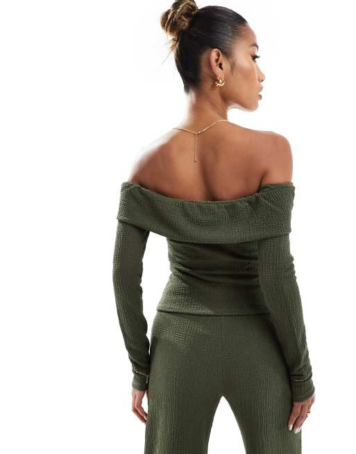ASOS DESIGN textured bardot top in khaki (part of a set), 4 of 4
