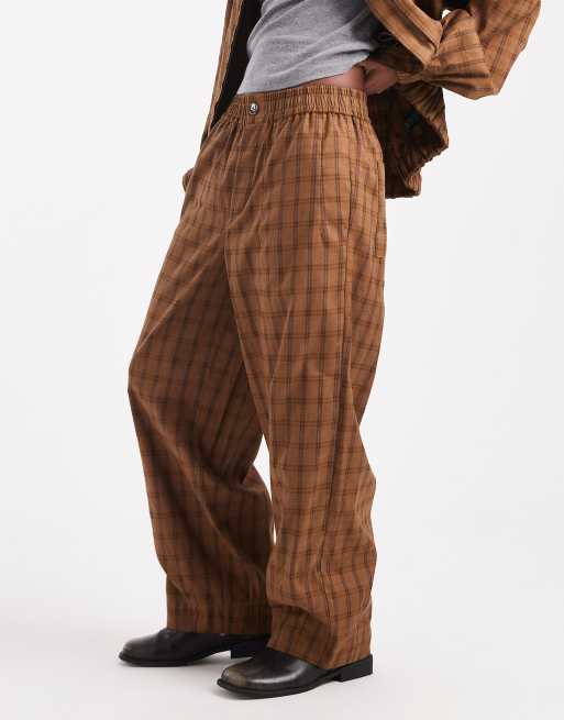 ASOS DESIGN textured barrel leg pull on pants with seam detail in mustard check (part of a set), 4 of 4