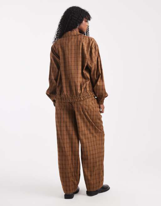 ASOS DESIGN textured barrel leg pull on pants with seam detailing in mustard plaid - part of a set, 3 of 4