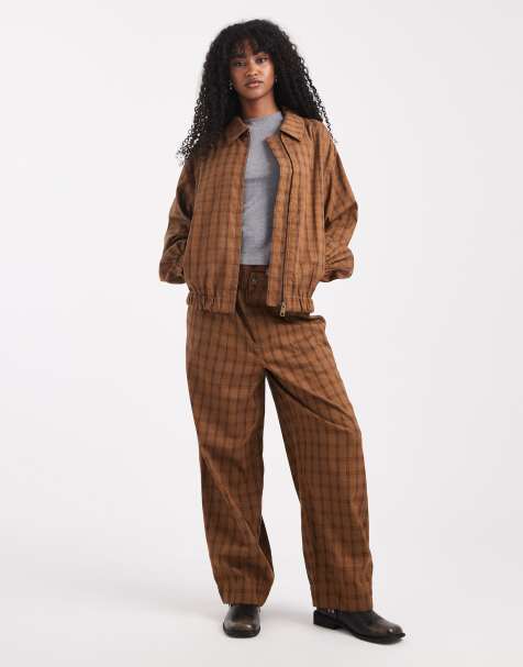 ASOS DESIGN textured barrel leg pull on trousers co-ord with seam detail in mustard check