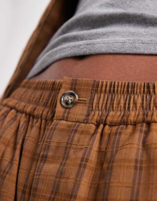 ASOS DESIGN textured barrel leg pull on trousers co-ord with seam detail in mustard check, 2 of 4
