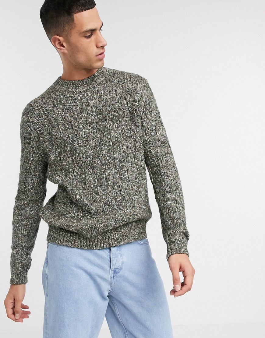 ASOS DESIGN textured basket weave crew neck sweater in gray-Multi