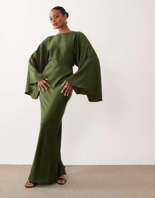 ASOS DESIGN textured batwing bias waisted maxi dress in khaki