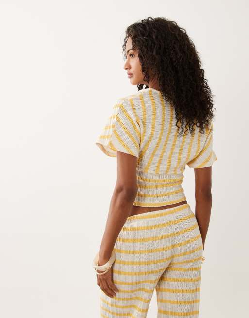 ASOS DESIGN textured batwing v-neck top in yellow stripe (part of a set), 3 of 4