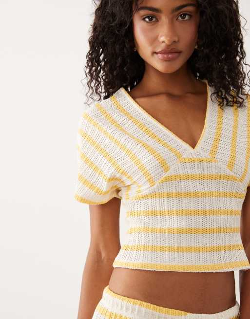 ASOS DESIGN textured batwing v neck top in yellow stripes - part of a set, 4 of 4
