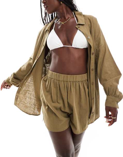 ASOS DESIGN textured beach shirt co ord in khaki - view 1
