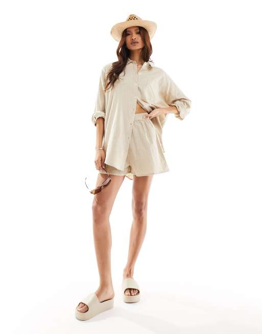 ASOS DESIGN textured beach short co-ord in natural, 3 of 5