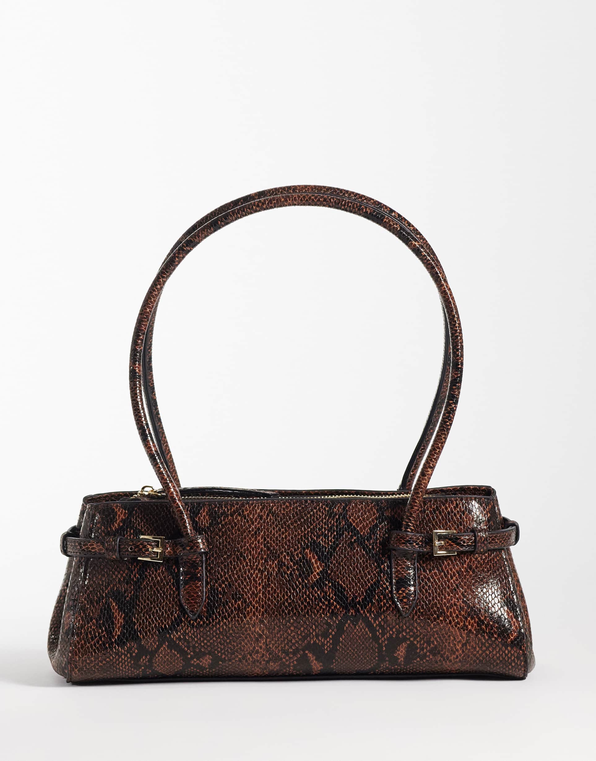 asos design textured belted shoulder bag in chocolate snake