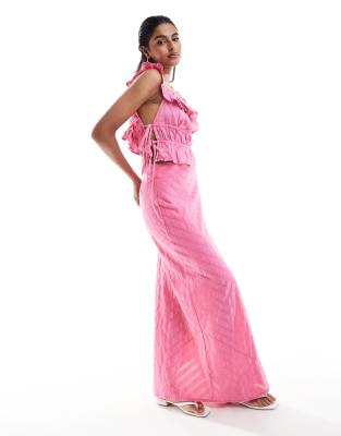 Asos Design Textured Bias Maxi Skirt In Pink - Part Of A Set