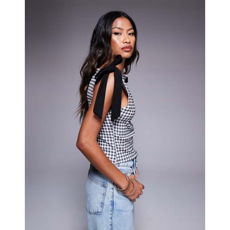 売れ筋商品|||セセ カットソー トップス レディース Women's Gingham Bow-Shoulder Sleeveless Top Rich Black ASOS DESIGN bow shoulder details sleeveless top in brown