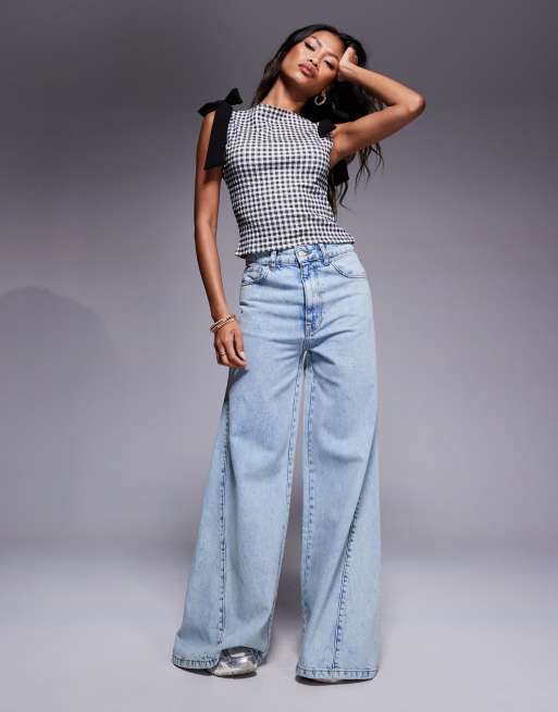 ASOS DESIGN textured black bow shoulder top in gingham print