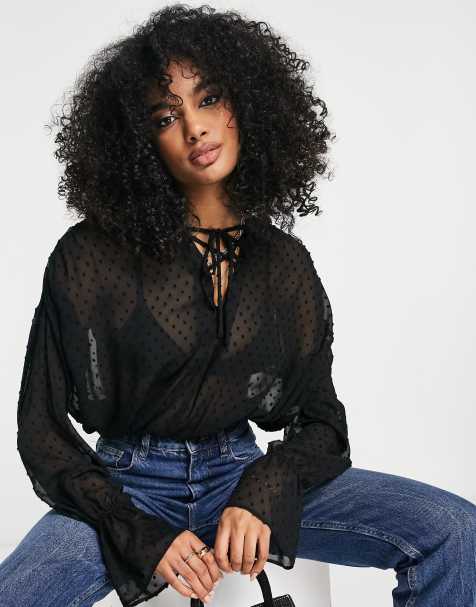 ASOS DESIGN textured blouse with volume long sleeve with tie front in black - view 1