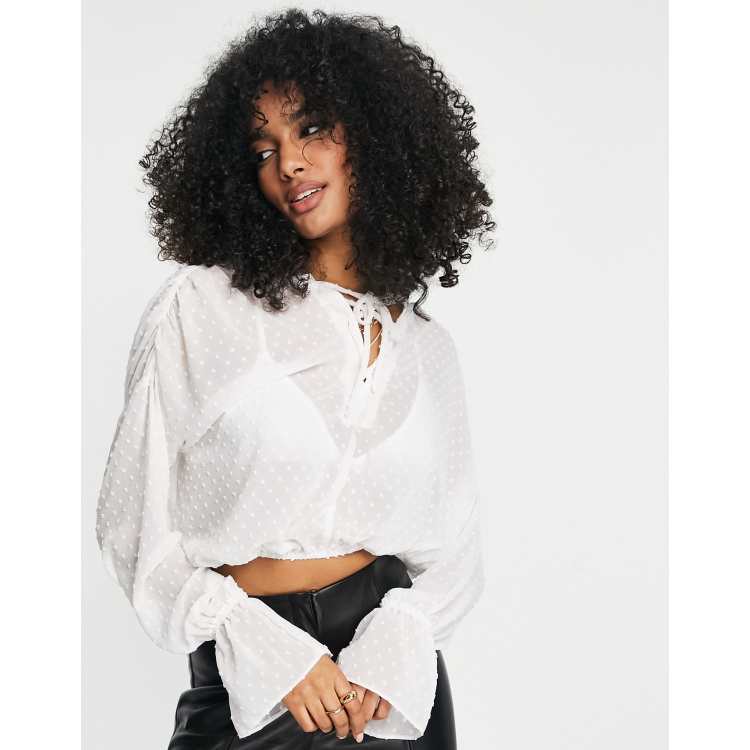 ASOS DESIGN textured blouse with volume long sleeve with tie front 