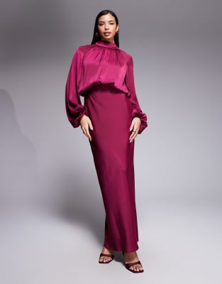 ASOS DESIGN textured blouson maxi dress with high neck and tie back in raspberry