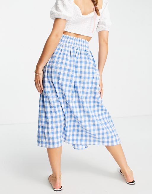 ASOS DESIGN textured blue white gingham full midi skirt with pockets ASOS