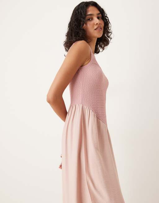 ASOS DESIGN textured bodice scoop neck midi dress with drape in blush pink