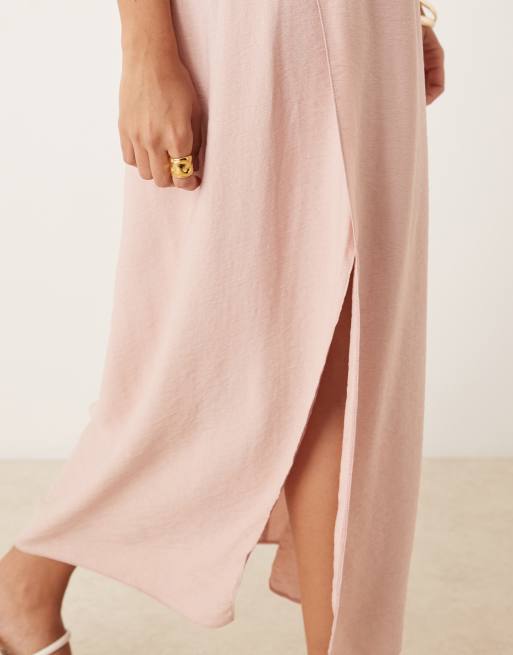 ASOS DESIGN textured bodice scoop neck midi dress with drape in blush pink